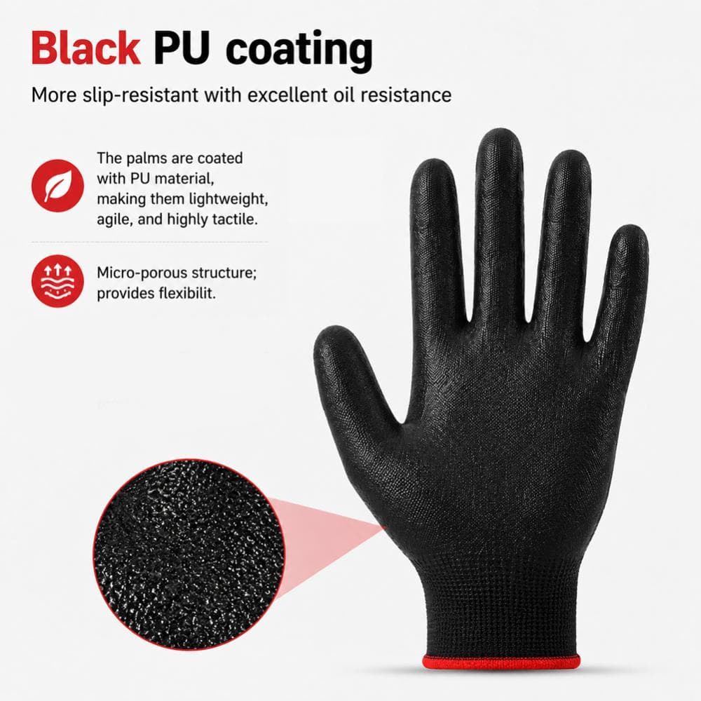 TIK 12 Pares De Nylon Antiestático Preto PU Luvas De Proteção Revestidas De Palma Trabalho Respiráveis Antiderrapantes E