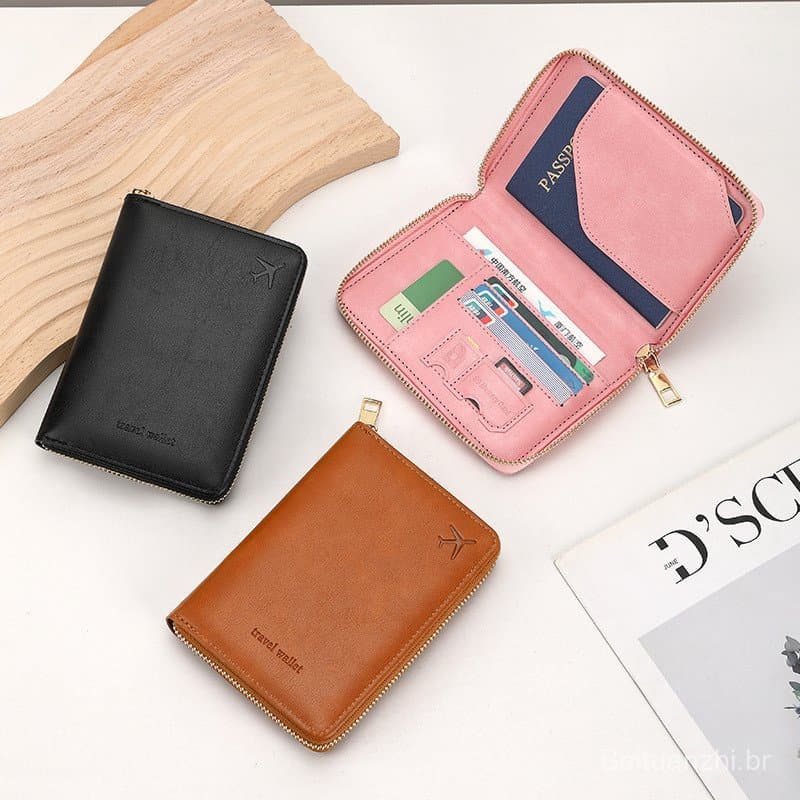 Porta-Passaporte Antifurto RFID - Bolsa Multifuncional para Documentos de Viagem com Zíper OJNL