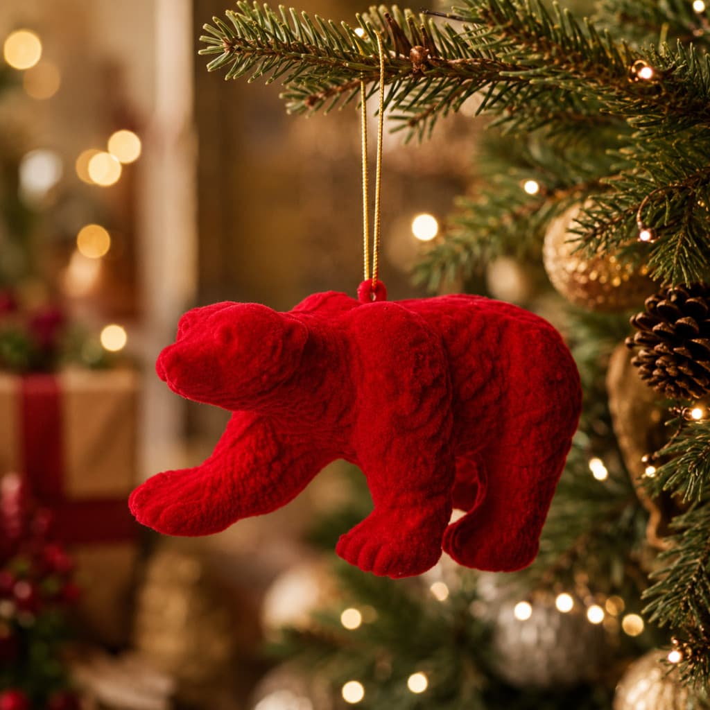 Penduricalho Urso Natalino Vermelho Aveludado 14cm Enfeite Árvore Natal Luxo Decoração Unidade