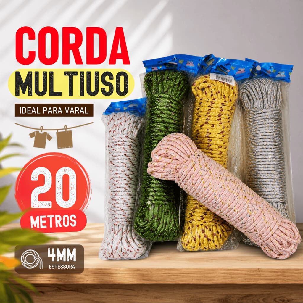 Corda 20m 4mm Multiuso para Varal, Camping Amarração Nylon Resistente