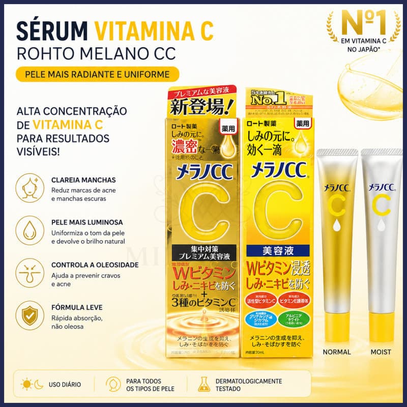 MIIUROSE Rohto Melano CC Essência Iluminadora Premium com Vitamina C 20ml Remove Marcas de Acne e Repara Cicatrizes RX6R