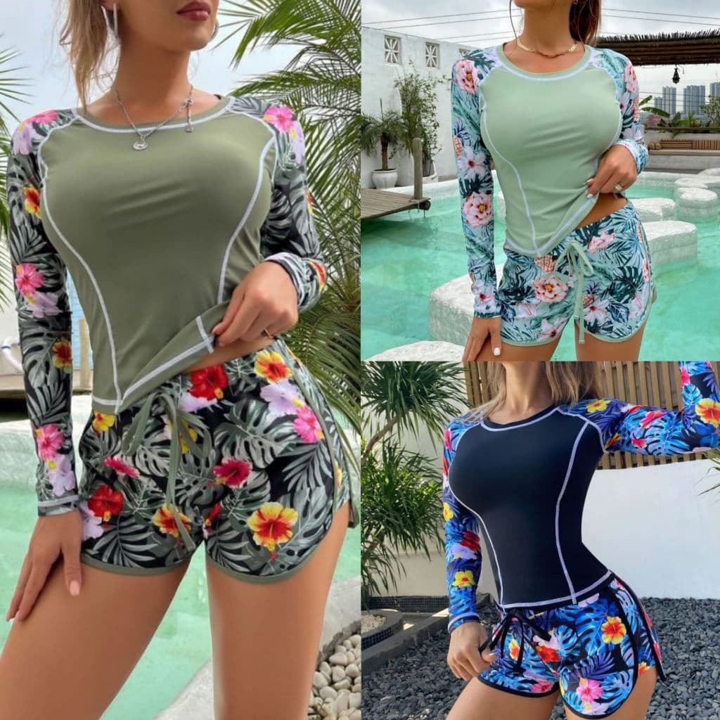 Conjunto de Roupa de Banho Feminina com Top de Manga Longa e Shorts, Proteção Solar, Estampa Floral, Conjunto de 2 Peças