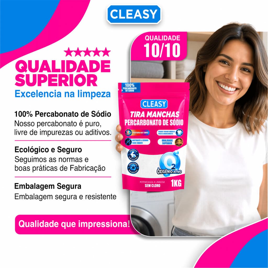Percarbonato de Sodio 100% Puro Tira Manchas Roupas Brancas e Coloridas - Cleasy