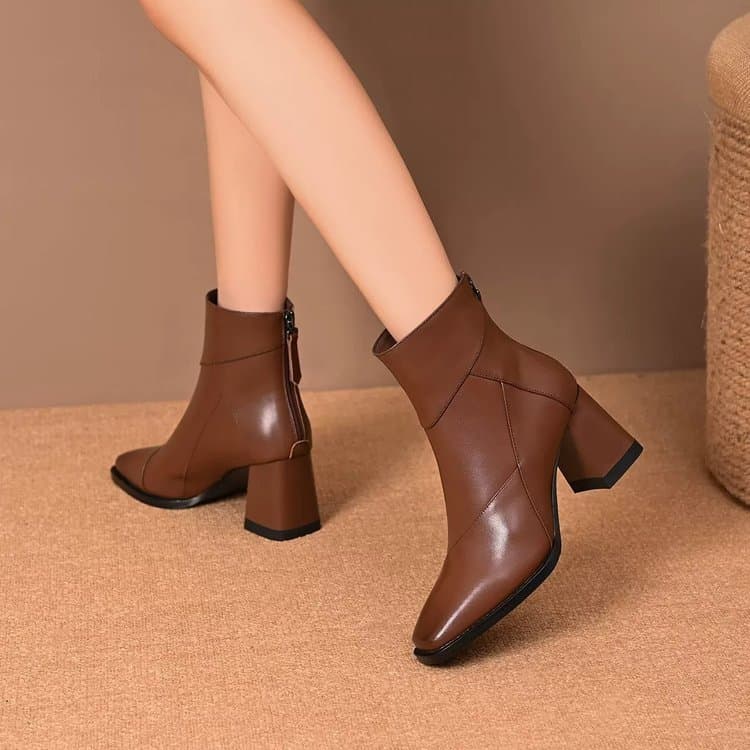 Botas Femininas de Bico Quadrado, Botas Curtas com Zíper Traseiro, Estilo Casual Retro, Salto Grosso, Botas da Moda, Tam