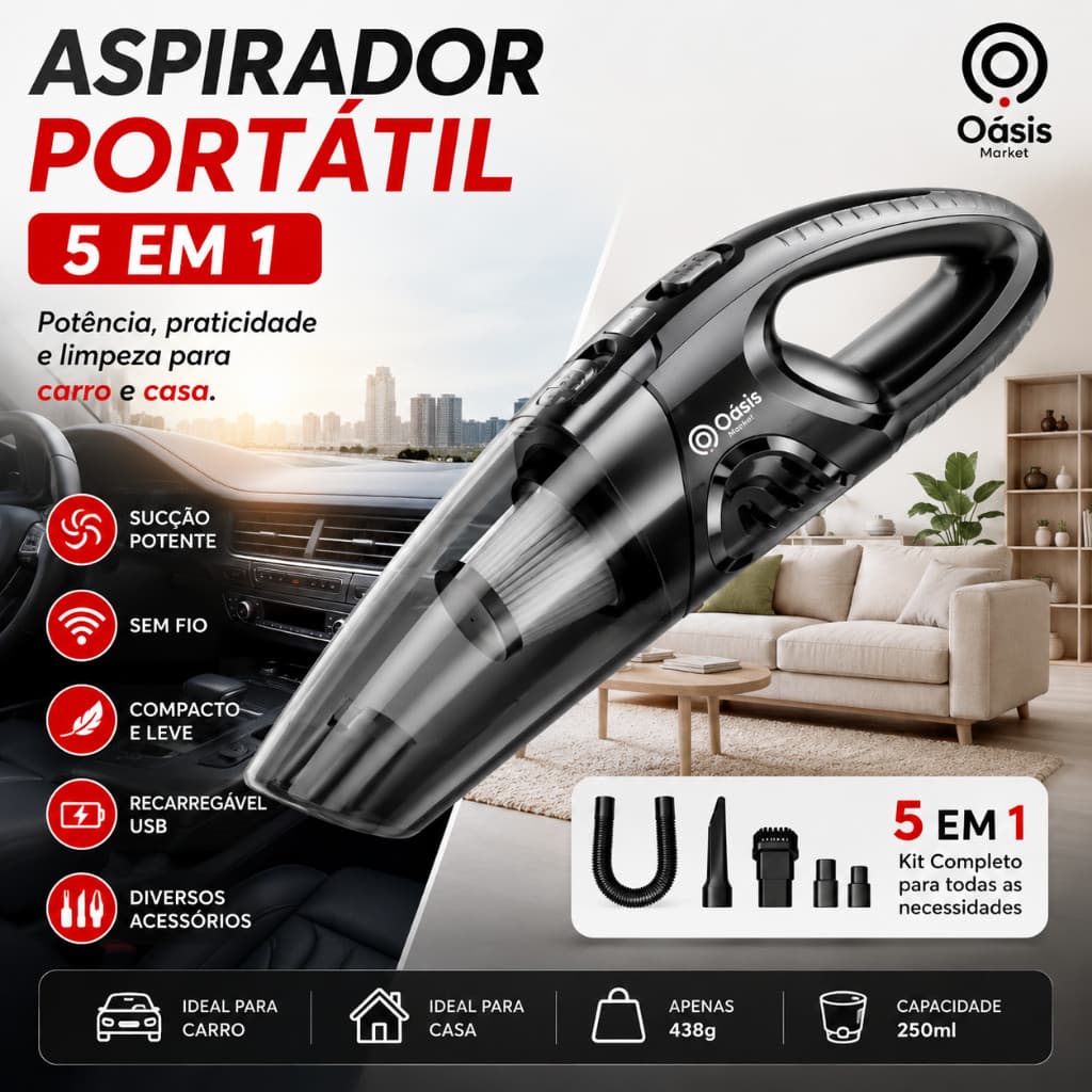 Aspirador de Pó Portátil Sem Fio 5 em 1 Recarregável USB Para Carro Casa Alta Sucção OIH-2905