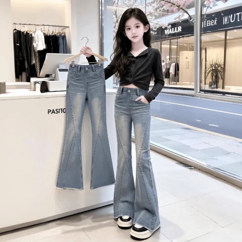 [Promoção sazonal] 120-170cm versão coreana roupas infantis calças largas para meninas costura infantil calças Jeans lar