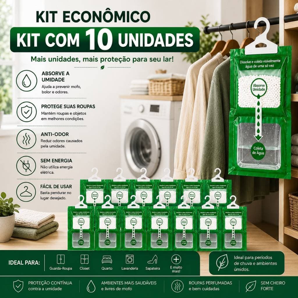 Kit 10 Unidades Sachê Absorvedor de Umidade Pendurável Anti‑Mofo e Elimina Odores para Guarda‑Roupa, Banheiro e Armários