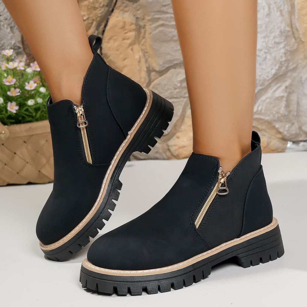 Botas Martin de bico redondo com zíper lateral, botas curtas femininas com salto grosso, novas botas curtas femininas de