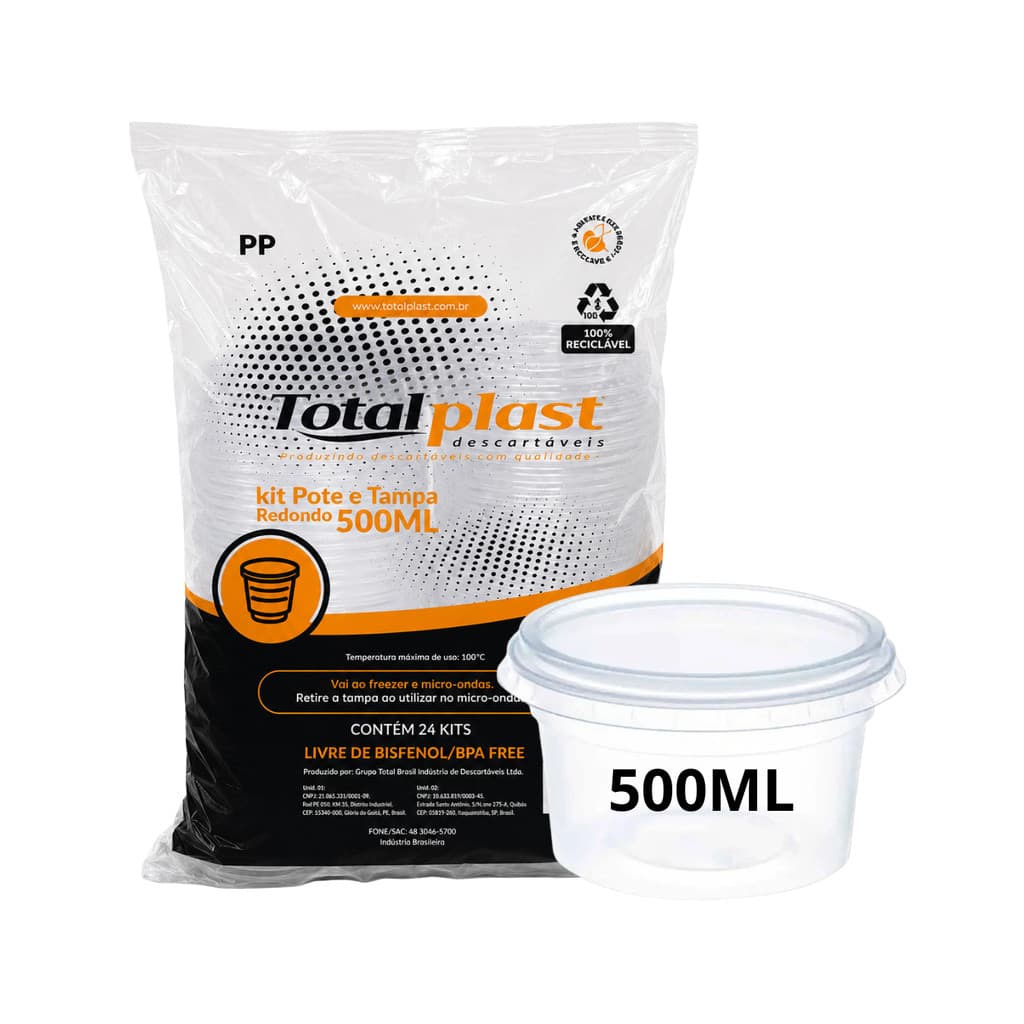 Kit 24 Potes Redondos 500ml PP Totalplast para Alimentos