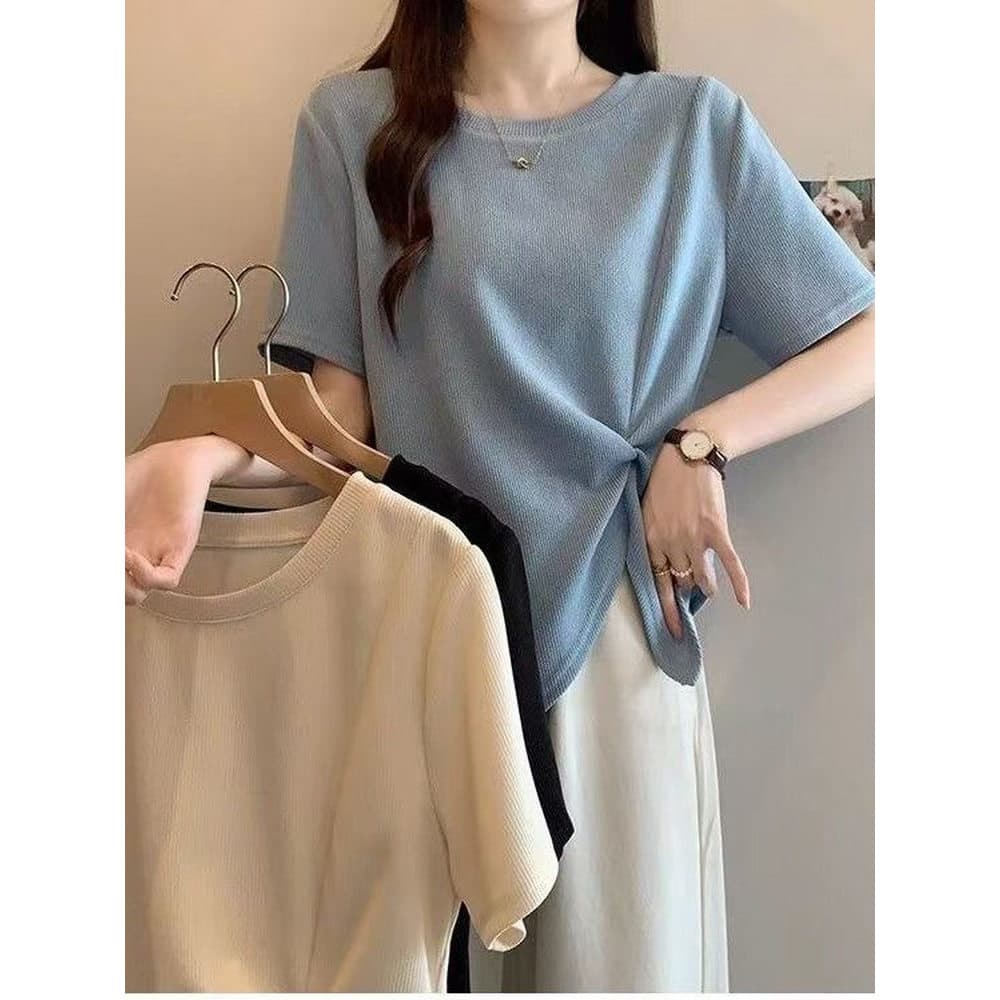 Novo tamanho grande camiseta feminina Casual de manga curta versão coreana capa Irregular barriga mais magro olhar topo
