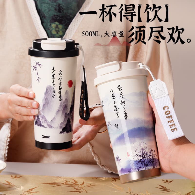Copo de café com forro de cerâmica, estilo chinês, lírio do vale, copo térmico de aço inoxidável 316 com corda, copo prá