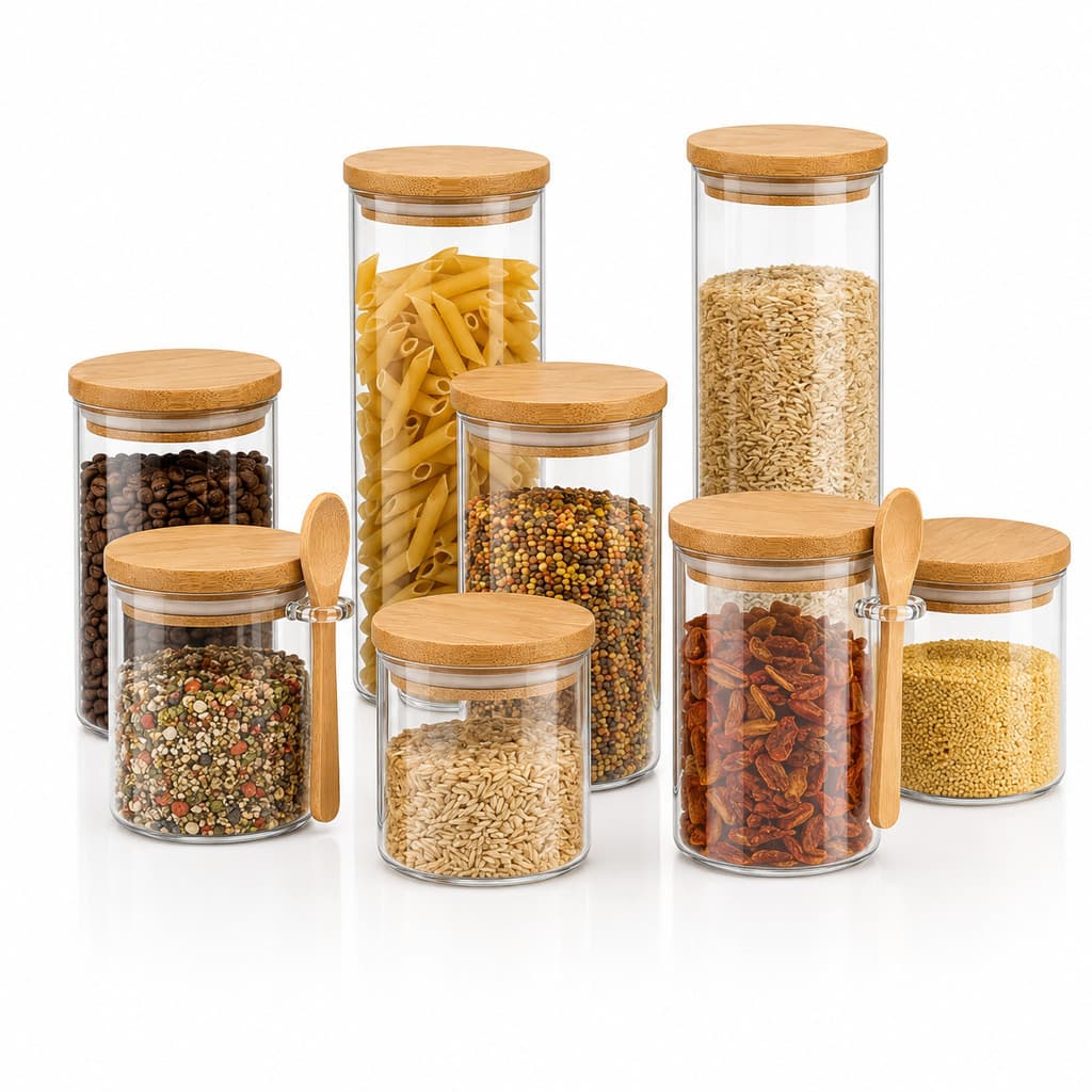 Kit Potes de Vidro com Tampa Bambu Herméticos com ou sem Colher Porta Temperos Mantimentos Organizador Cozinha