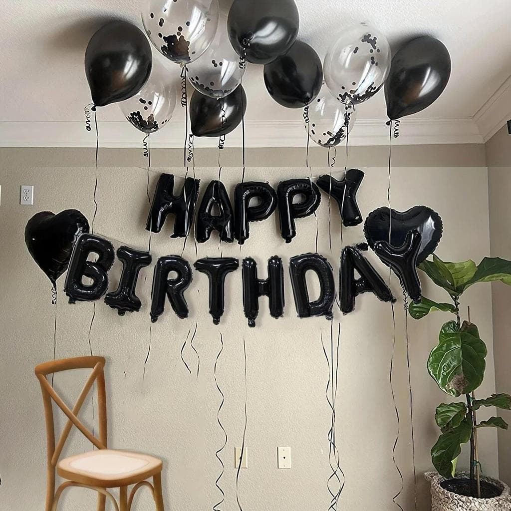 27 grandes balões de aniversário, 16 letras felizes, balões de lantejoulas transparentes grossos pretos, adequados para