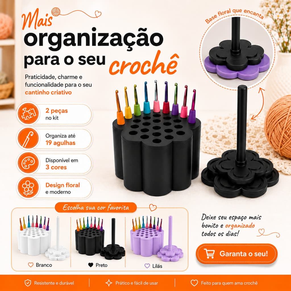 Kit Crochê Completo Organizador de Agulhas + Suporte de Novelo Giratório 360°