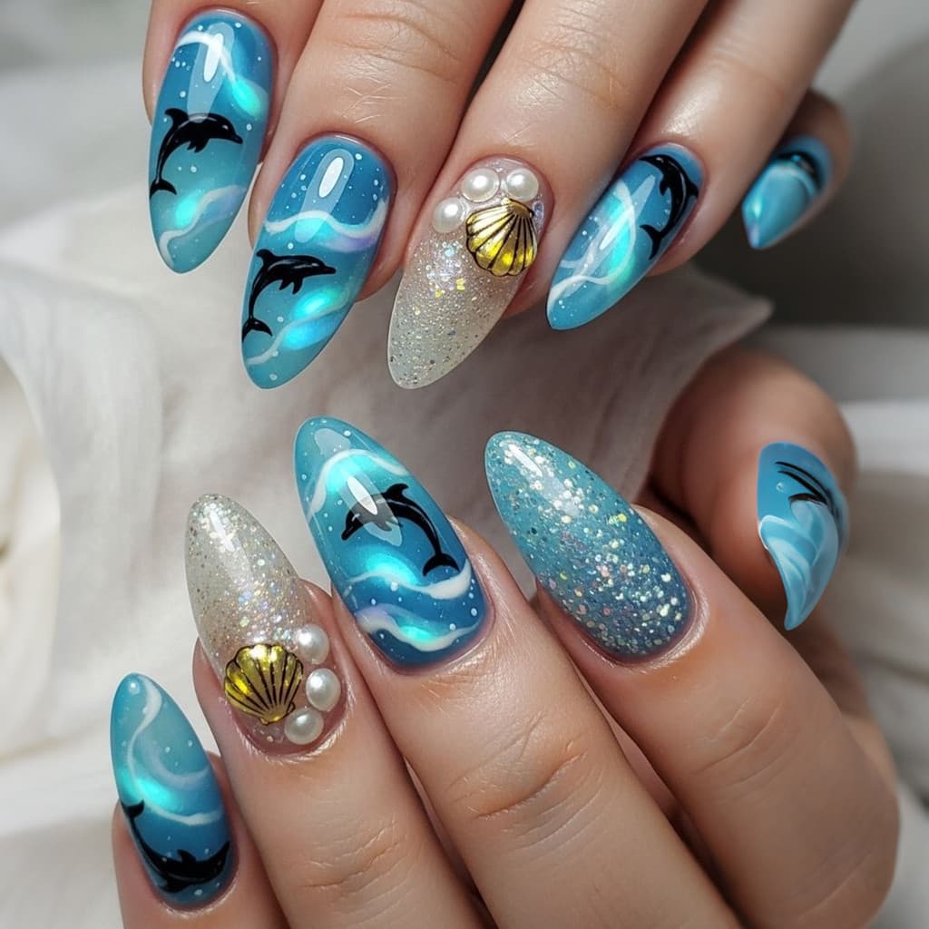 Unhas Postiças Decorativas em Forma de Amêndoa Ocean Dolphin, Estilo Europeu e Americano, Comprimento Médio