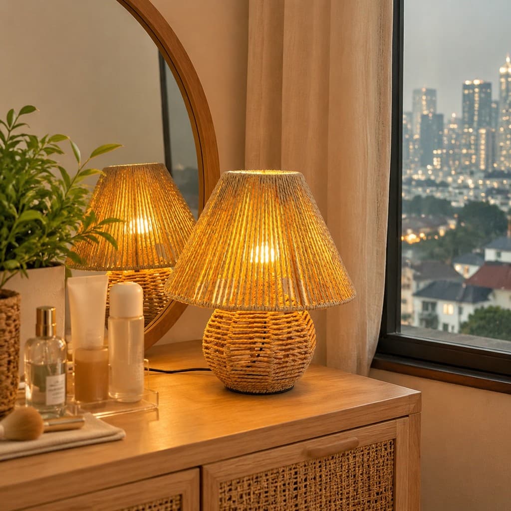 Abajur De Vime Retrô Abajur De Mesa De Quarto Tecelagem Natural Lampu Meja