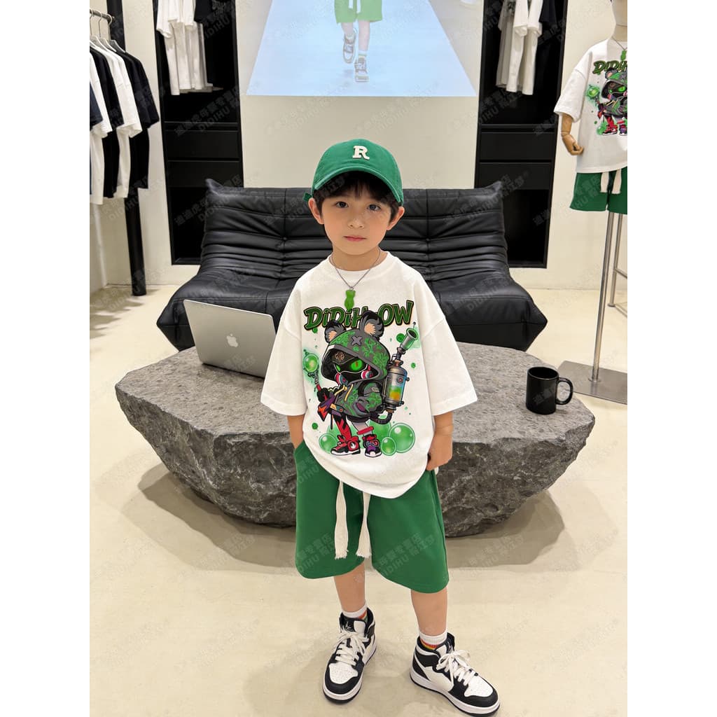 Meninos na moda legal dos desenhos animados puro algodão terno verão Shorts de manga curta terno de três peças bonito re