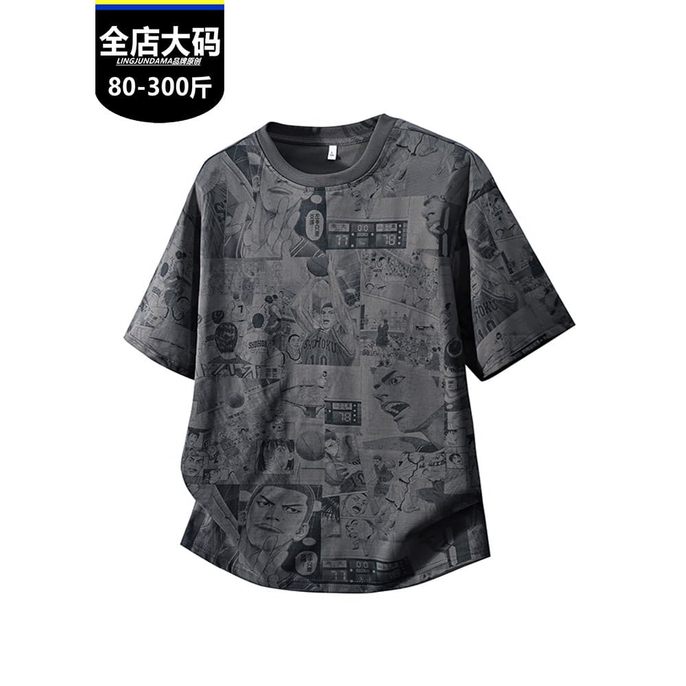 Fat Boys Plus Fat Plus Street Wear Comic Impresso Camiseta de manga curta masculina solta plus Size All-Match respirável