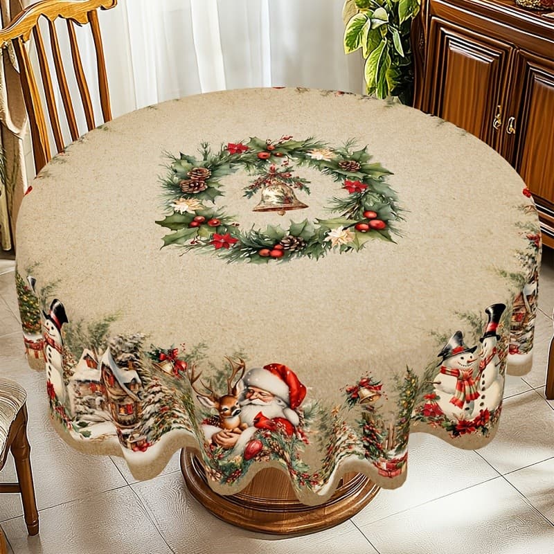 Toalha de Mesa de Natal Redonda Vintage - Estampa Natalina Reutilizável e Fácil de Limpar