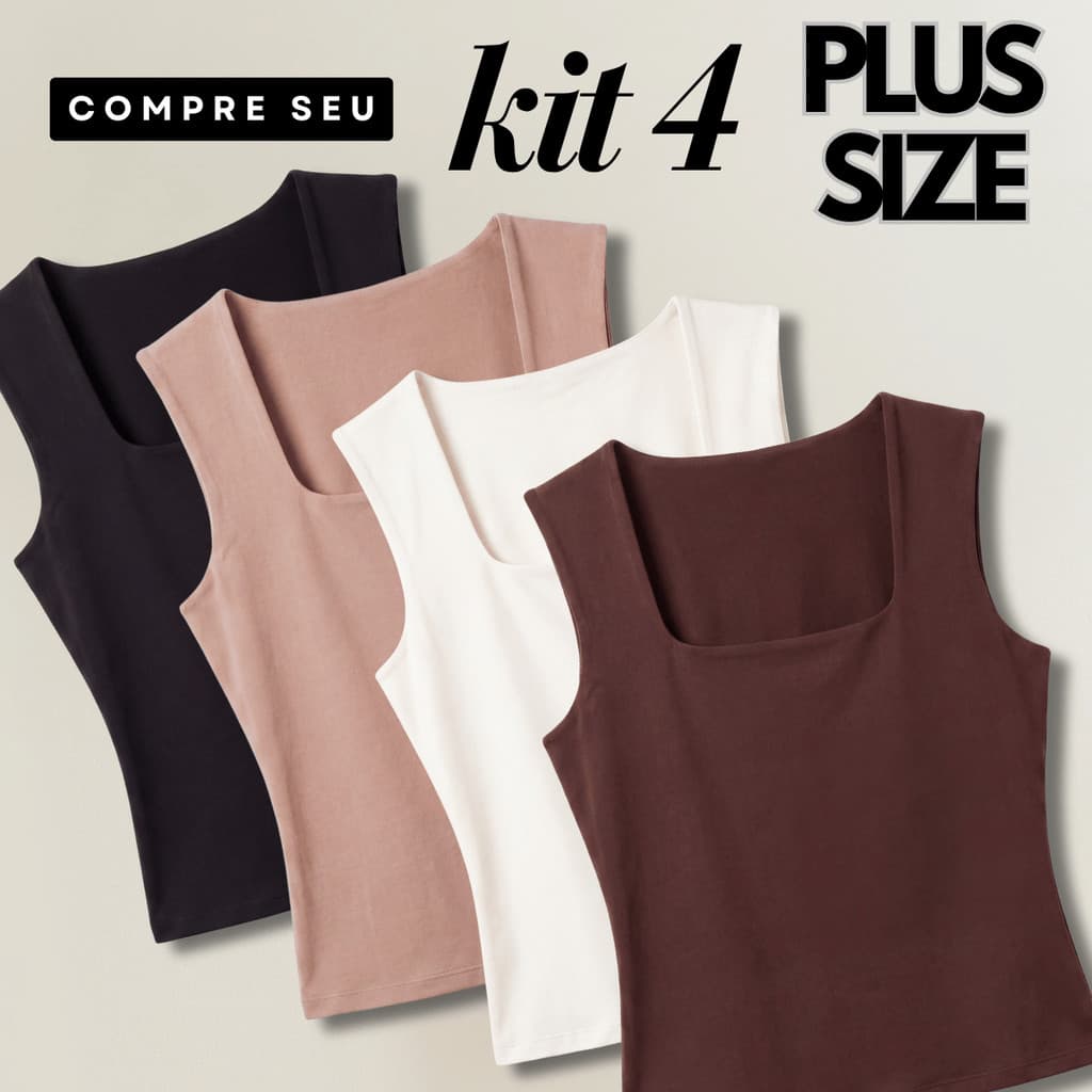 Kit 4 Blusas Regata Feminina Plus Size Decote Quadrado Elegante Básica Casual