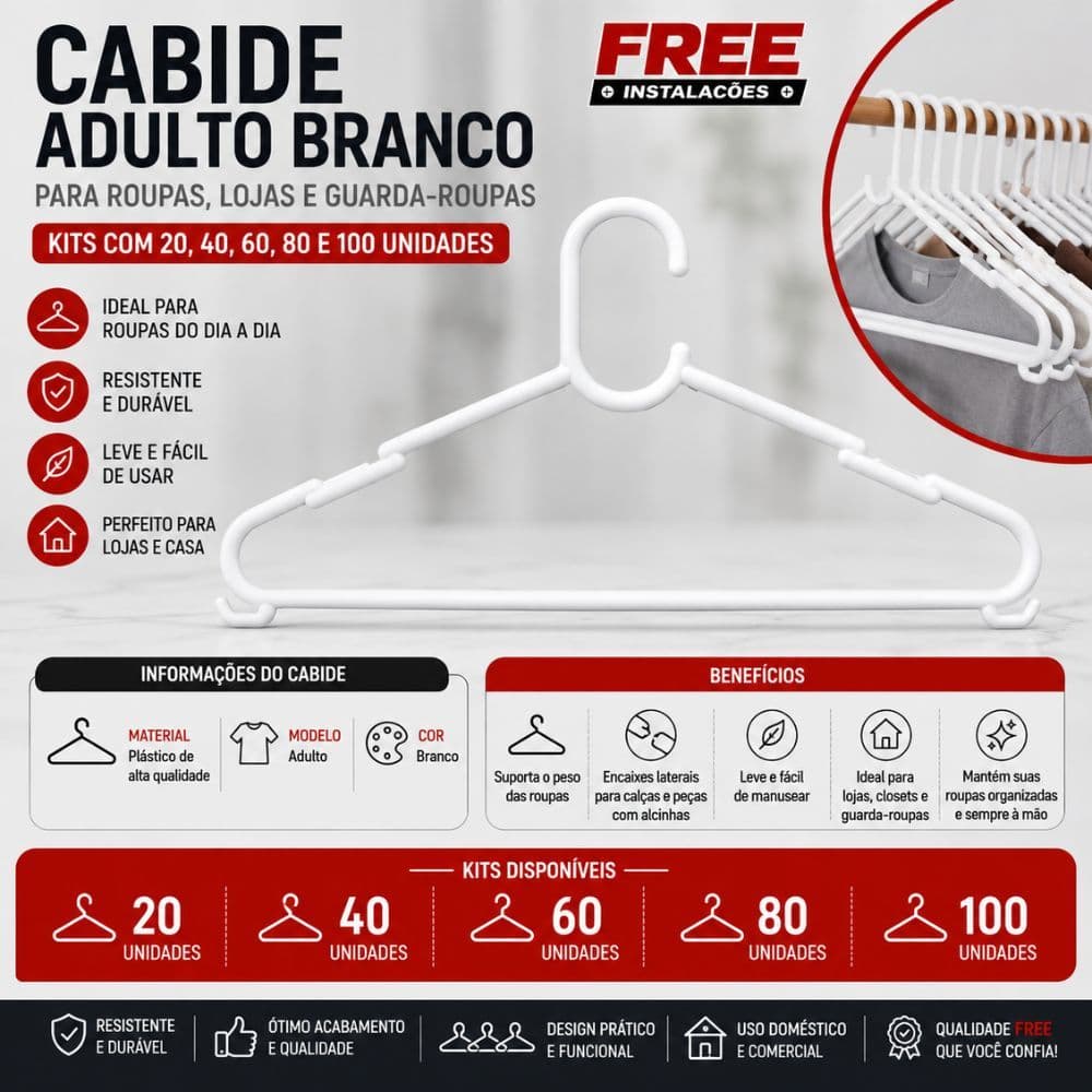 Cabide Adulto Branco Para Roupas, Lojas e Guarda-Roupas Kits 20, 40, 60, 80 e 100