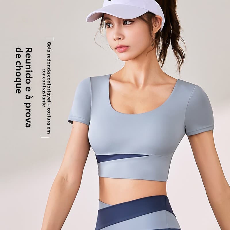Roupa de yoga que revela o umbigo, top esportivo de manga curta para yoga, com almofadas para o peito, roupa de fitness