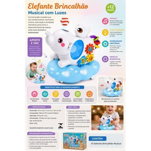 Elefante Musical Interativo Brinquedo Educativo Sensorial Diversao Infantil