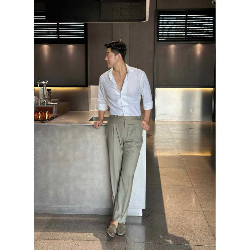 Itália 120S Lã Nápoles Retro Único Plissado Calças Masculinas Moda Verde Negócios Calças Casuais