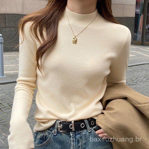 Camisola feminina outono inverno 2025 novo estilo gola média camisa de fundo casaco meia gola alta Cashmere malha topo.