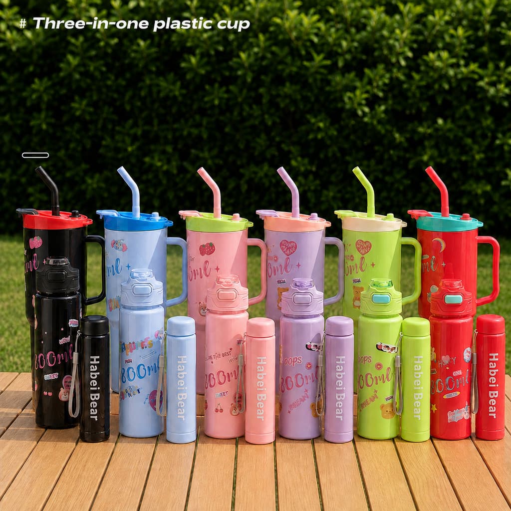 Three‑in‑One Printed Plastic Water Bottle with Handle Straw Lid Leak‑Proof Cute Cartoon Sports Cup for Gym Travel School