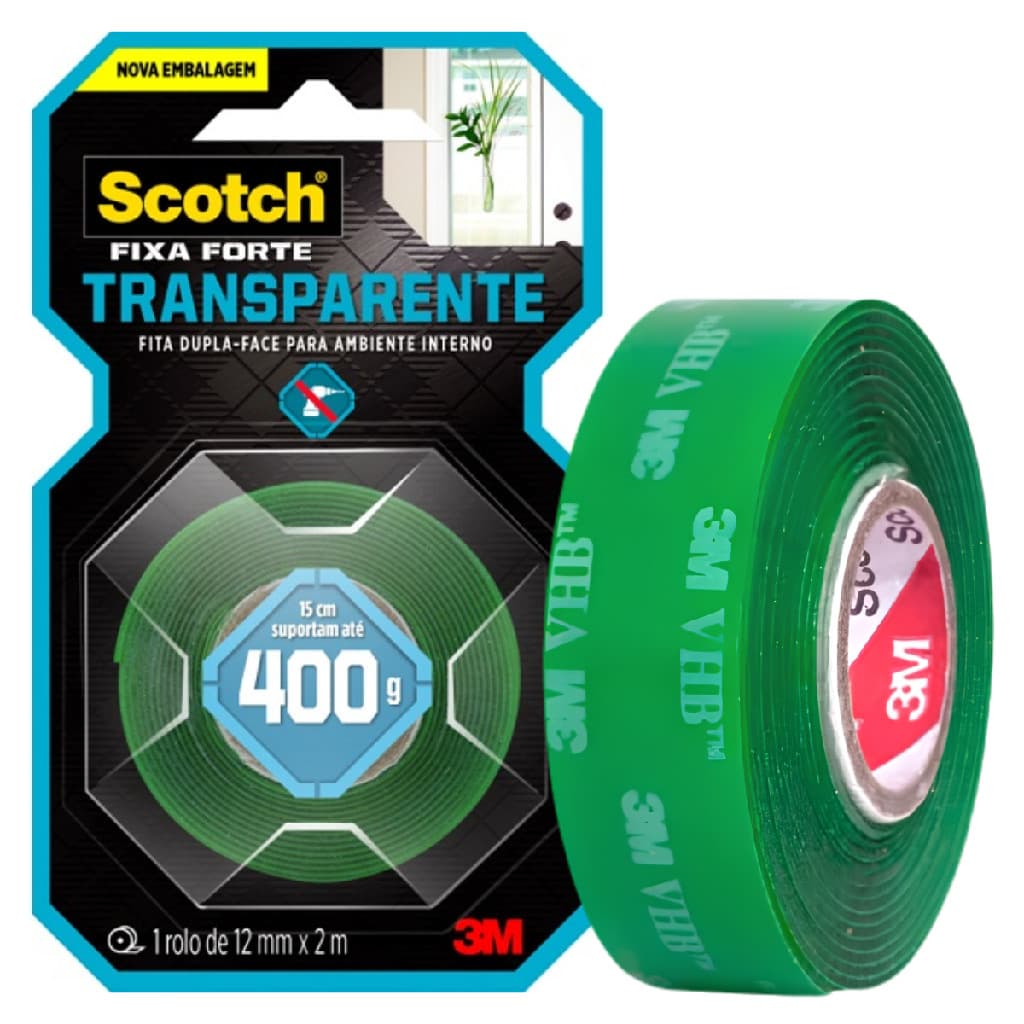 Fita Dupla Face Fixa Forte 3M Transparente 12mm X 2m Scotch