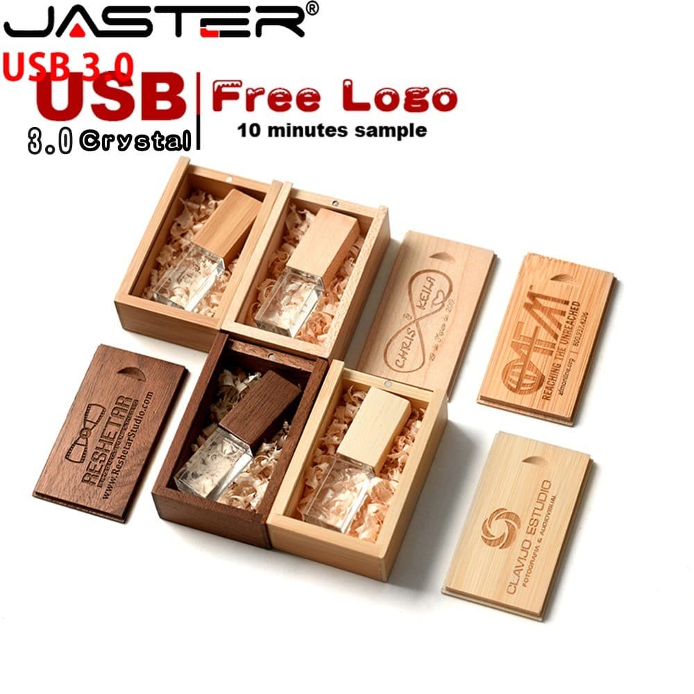 JASTER Crystal 3.0 USB De Alta Velocidade 128 Gb Com Caixa De Madeira Pendrive 64 32 1 Unidade De Logotipo Personalizado