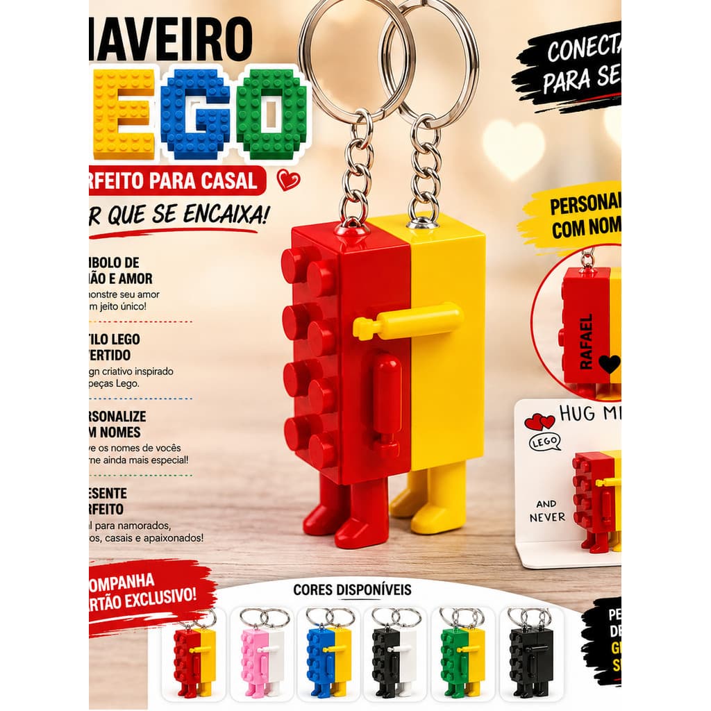 Chaveiro Casal Estilo LEGO Personalizado com Nomes Kit 2 Peças Presente para Namorados Noivos Casais Dia dos Namorados A
