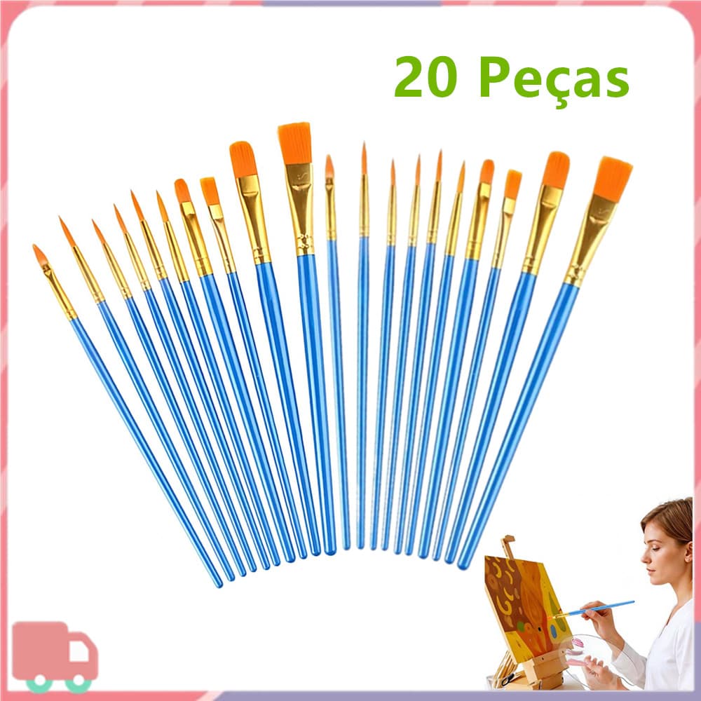 Conjunto de Pincéis de Tinta Acrílica, 20 Pincéis de Cabelo de Nylon, Pincéis para Pintura Facial a Óleo e Aquarela