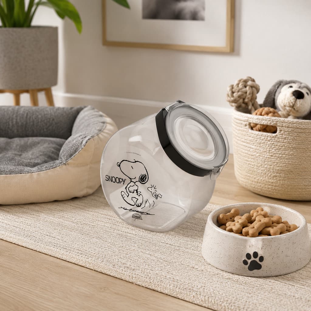 Porta Petisco Snoopy Plasútil 1,5 L Transparente com Tampa e Sobretampa Hermética para Cães e Gatos