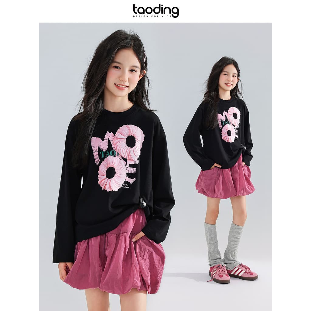 Taoting meninas camiseta de manga comprida flor impressão Digital meninas em torno do pescoço outono All-Match solto ver