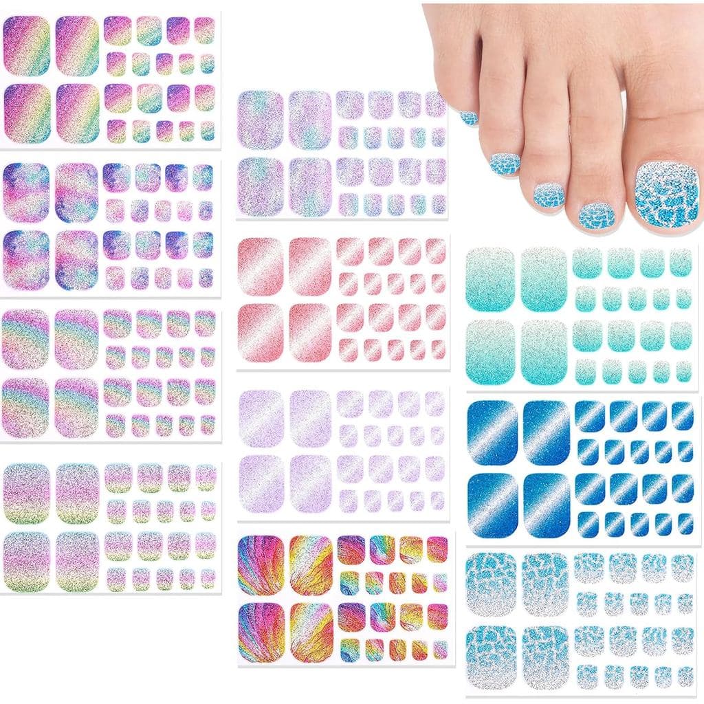 11 adesivos para unhas dos pés, adesivos de arte para unhas com glitter arco-íris, adesivos brilhantes para unhas dos pé