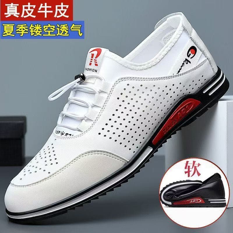 Sandálias respiráveis ocas masculinas verão estilo fino buraco perfurado sapatos de couro genuíno sola macia aumento int