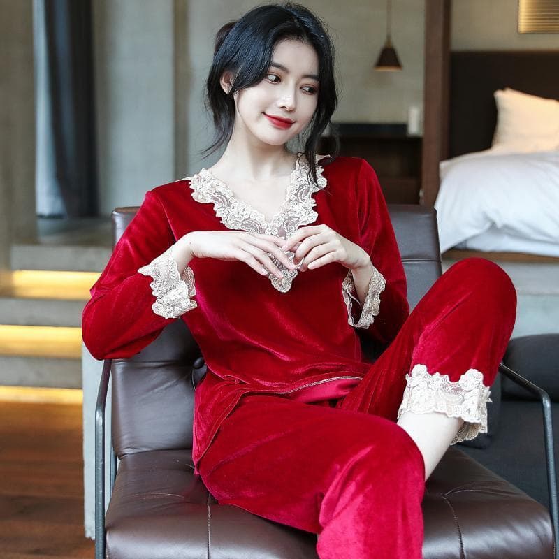 Pijamas de veludo dourado senhoras primavera outono ternos festivo vermelho Benming ano casamento inverno Plus Size Home