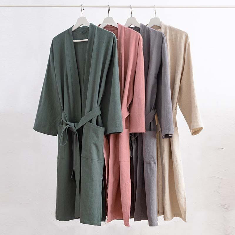 Estilo japonês algodão linho linho primavera verão fino quatro estações roupão simples Homewear masculino feminino casai