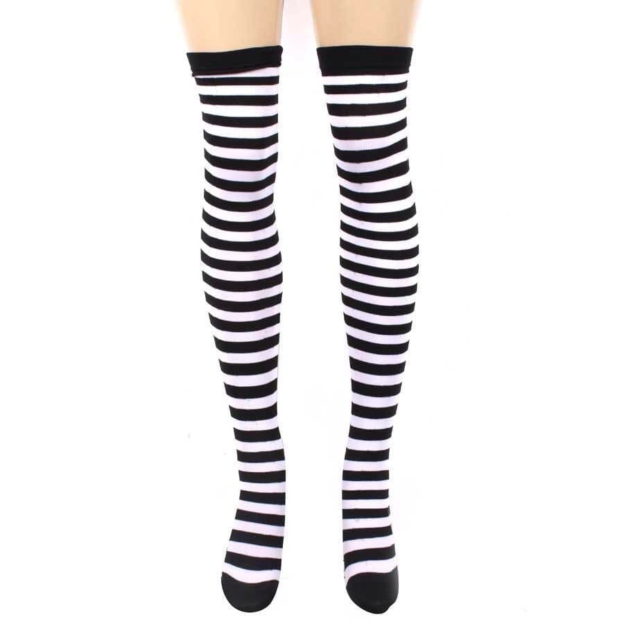 Meia 7/8 Fina Listrada Branco e Preto para Fantasia de Halloween Carnaval e Cosplay