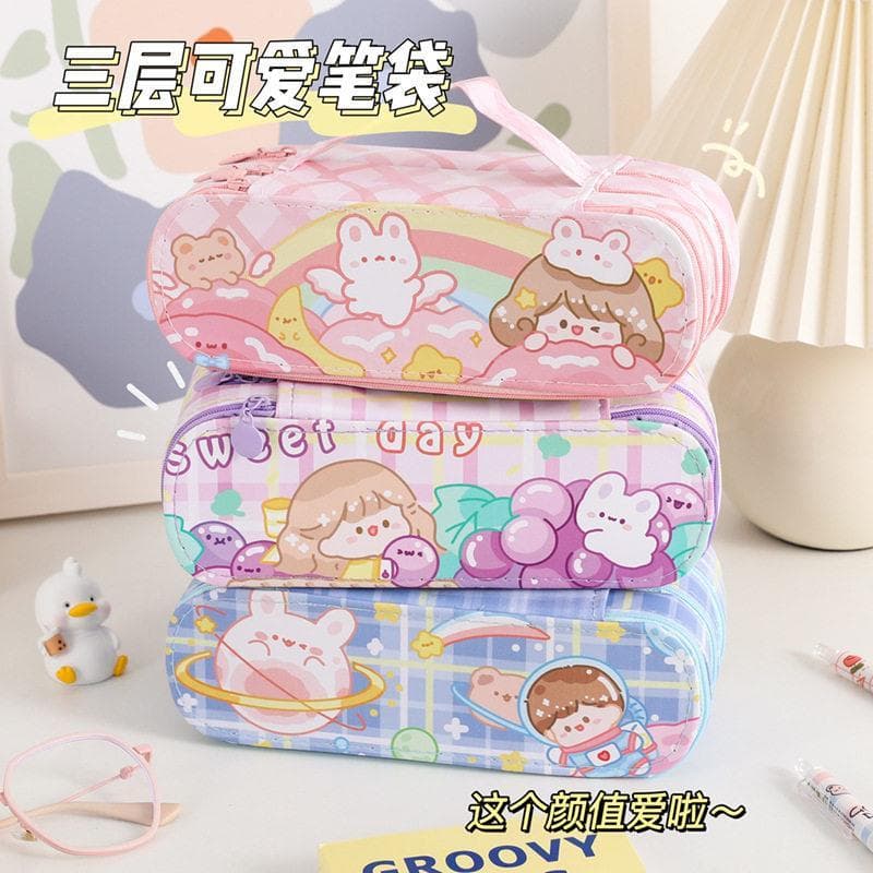 Caixa de papelaria de três camadas 2026 Novo estilo Girl Edition Alunos do ensino fundamental de primeira série Estojo d