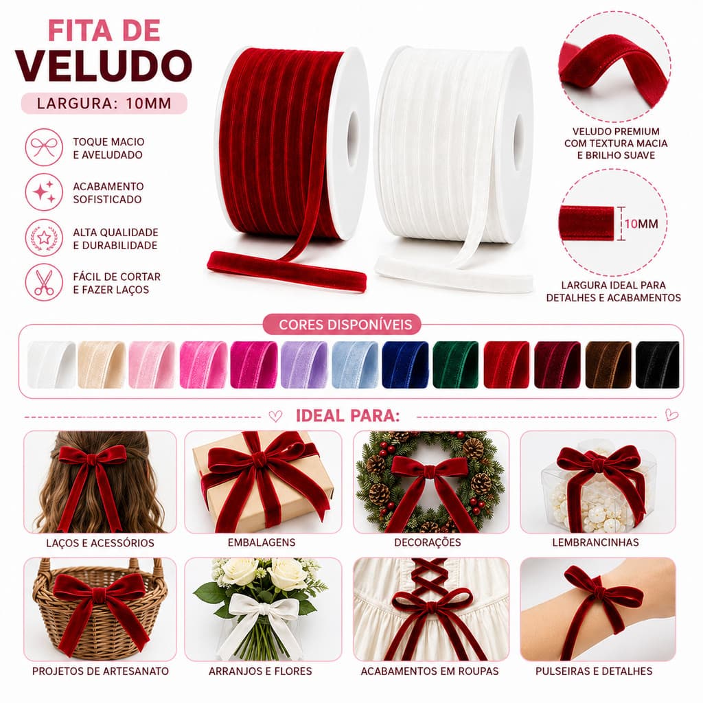 Fita Veludo 10mm para Acabamentos Laços Tiaras Hair Clip Artesanato Infantil Acessórios de Cabelo Decoração de Embalagns