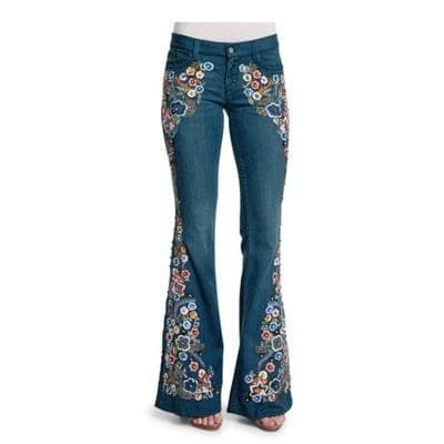Estilo senhoras Jeans bordado fino-ajuste mais magro olhar lavado queimado calças femininas calças femininas Denim