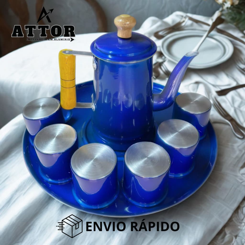 KIT CAFÉ 8 PEÇAS  AZUL METÁLICO– BULE DE ALUMÍNIO N8 COM XÍCARAS E BANDEJA DECORATIVA PARA CHÁ SERVIR CANTINHO DO CAFÉ