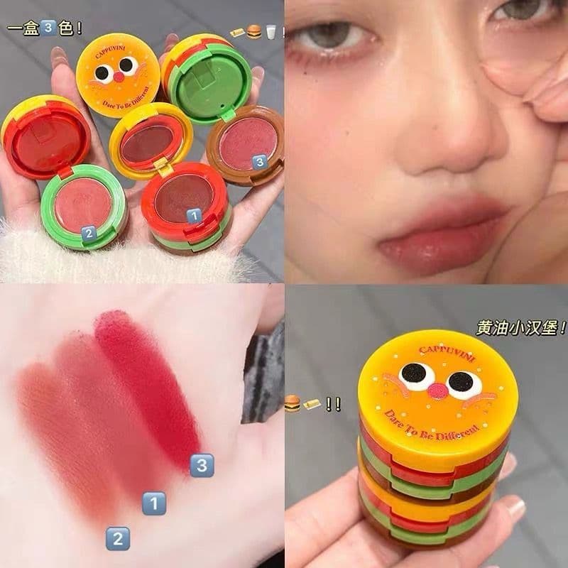 Compre um e ganhe três grátis ~ pequeno hambúrguer enchimento batom liso rosto clareamento Blush fosco batom esmalte lab