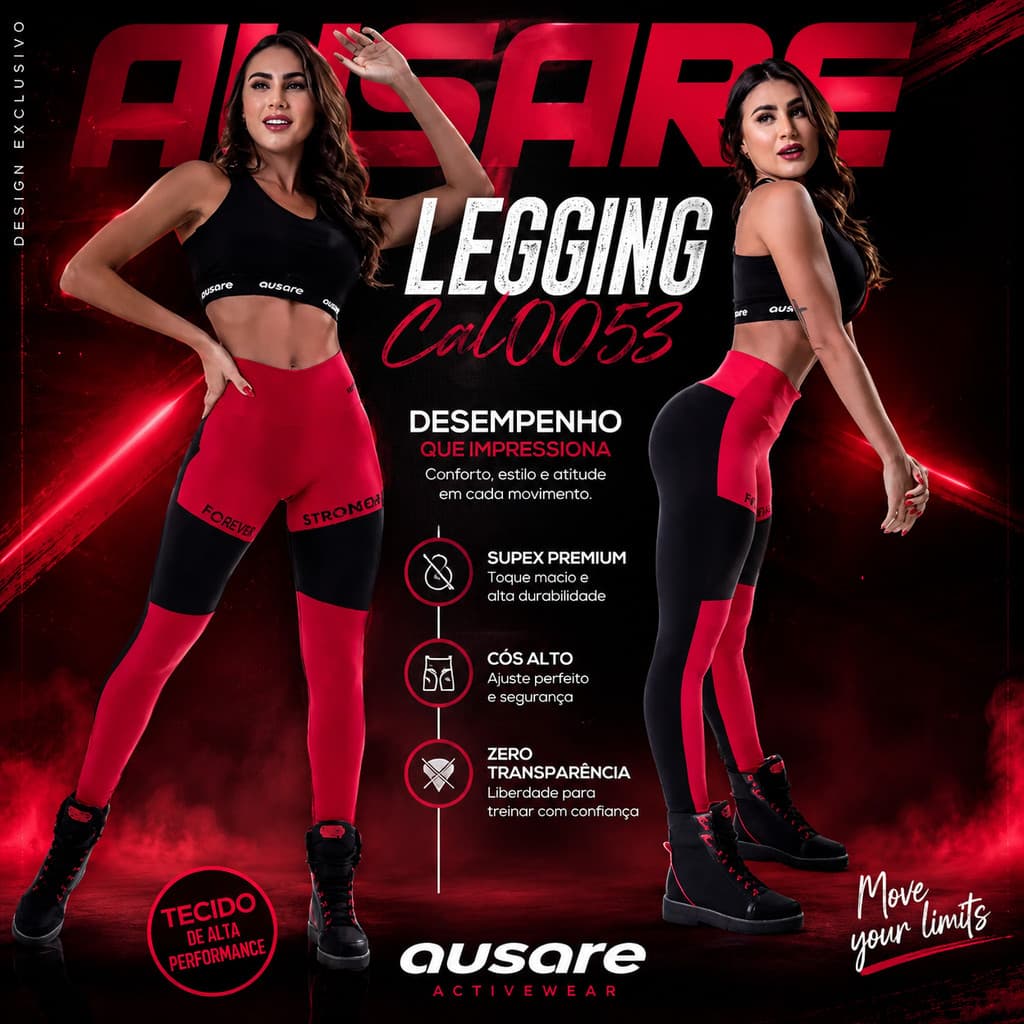 Calça Legging Feminina Academia Fitness Ausare CAL0053 Preta Vermelha Cós Alto Confortável Treino Corrida Yoga PilatesBR