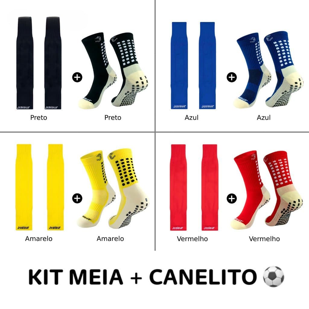 Kit Meia Antiderrapante + Canelito Meião Cortado - Esportivas Futebol Proteção