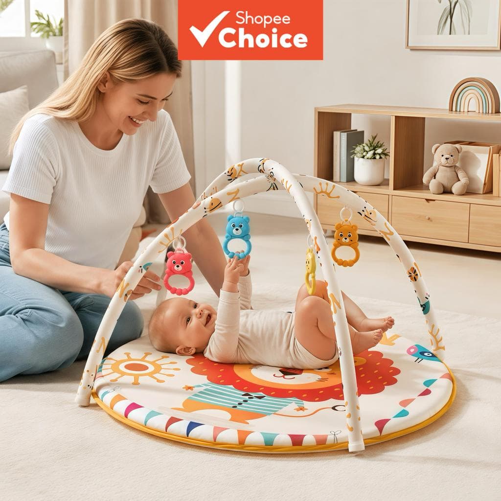 Tapete de Ginástica Infantil Redondo de Leão para Bebê com Estrutura de Atividades, Chocalhos e Espelho - Tapete de
