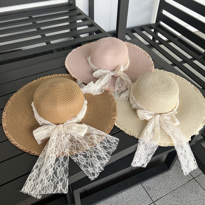 Chapéu de palha plano de renda francesa feminino verão chapéu de sol feminino elegante aba grande chapéu de sol protetor